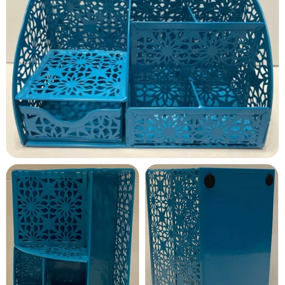 Office Desktop Organizer Turquoise Mesh Supplies Pen Holder 6 Comp 1 Drawer
